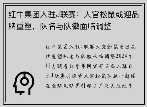 红牛集团入驻J联赛:大宫松鼠或迎品牌重塑,队名与队徽面临调整