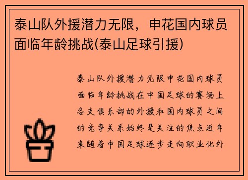 泰山队外援潜力无限，申花国内球员面临年龄挑战(泰山足球引援)