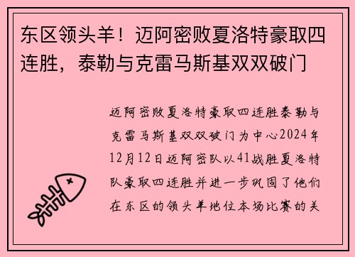 东区领头羊！迈阿密败夏洛特豪取四连胜，泰勒与克雷马斯基双双破门
