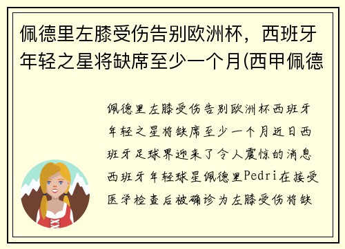 佩德里左膝受伤告别欧洲杯，西班牙年轻之星将缺席至少一个月(西甲佩德里)