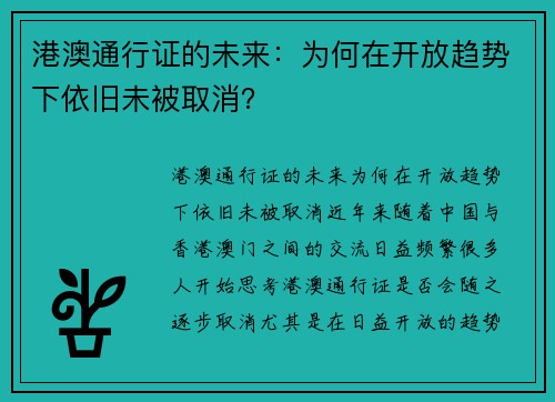 港澳通行证的未来：为何在开放趋势下依旧未被取消？