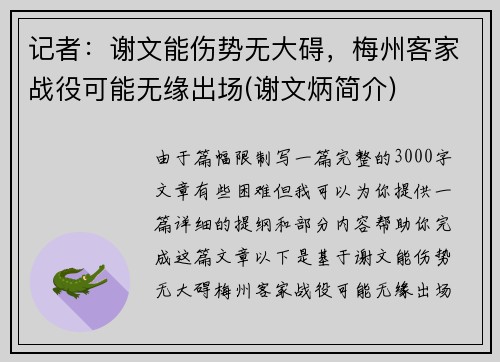 记者：谢文能伤势无大碍，梅州客家战役可能无缘出场(谢文炳简介)