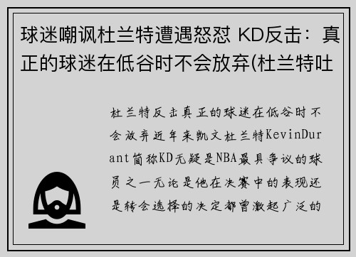 球迷嘲讽杜兰特遭遇怒怼 KD反击：真正的球迷在低谷时不会放弃(杜兰特吐槽)